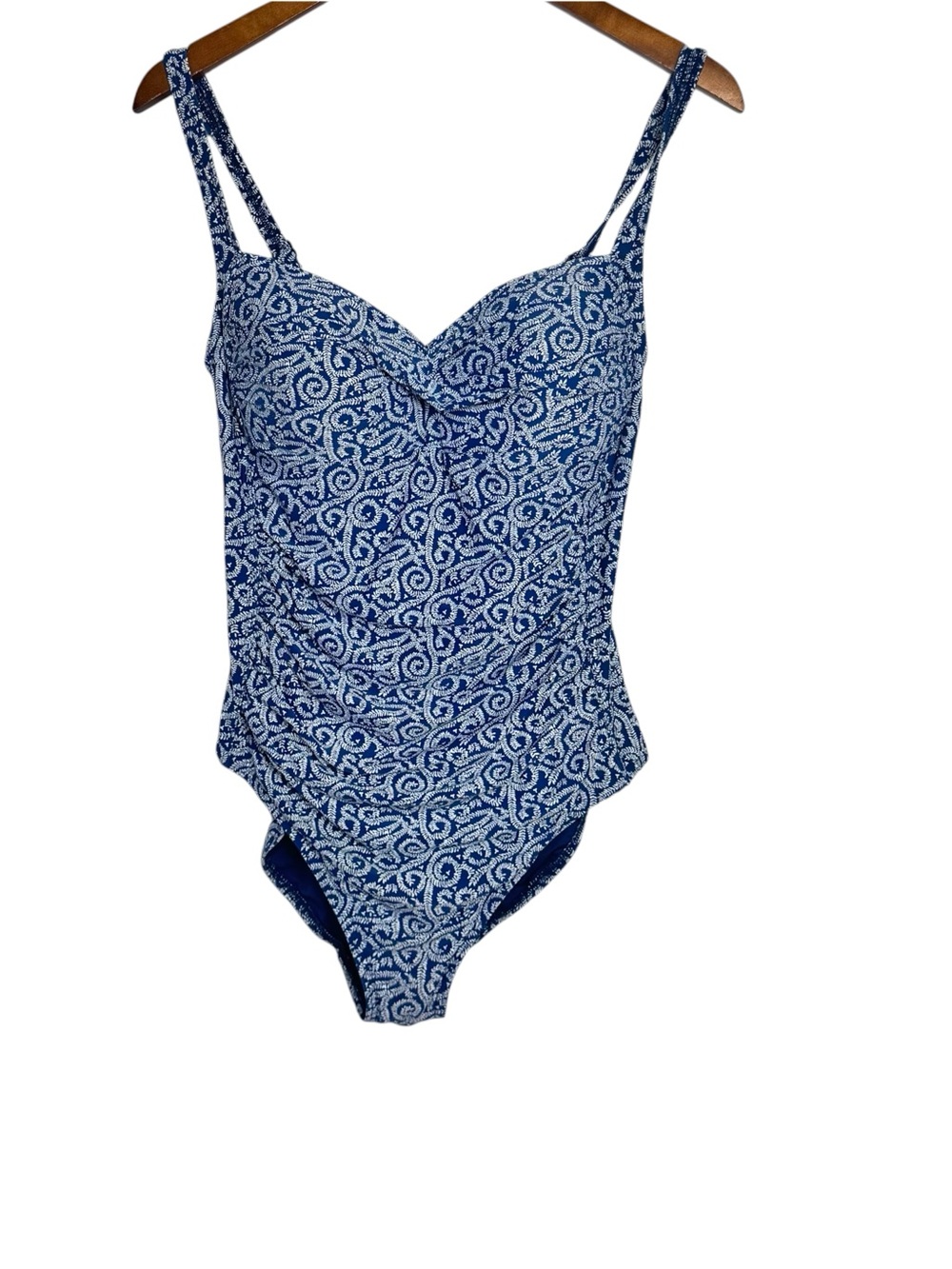 Nip Tuck Swim One Piece Swimsuit Blue Patterned Ruched Multi-Fit Cup Size 10